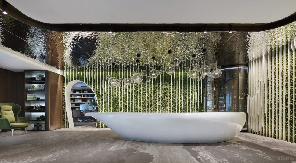 魔幻現(xiàn)代風辦公室裝修設計白色烤漆異形前臺