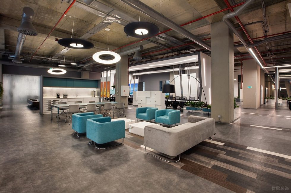 前衛(wèi)現(xiàn)代風(fēng)辦公室裝修設(shè)計灰藍色開放式茶水間