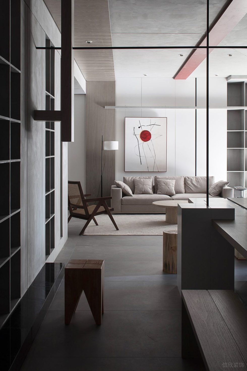 實木木作展廳裝修設(shè)計方案 米白色布藝軟包沙發(fā)