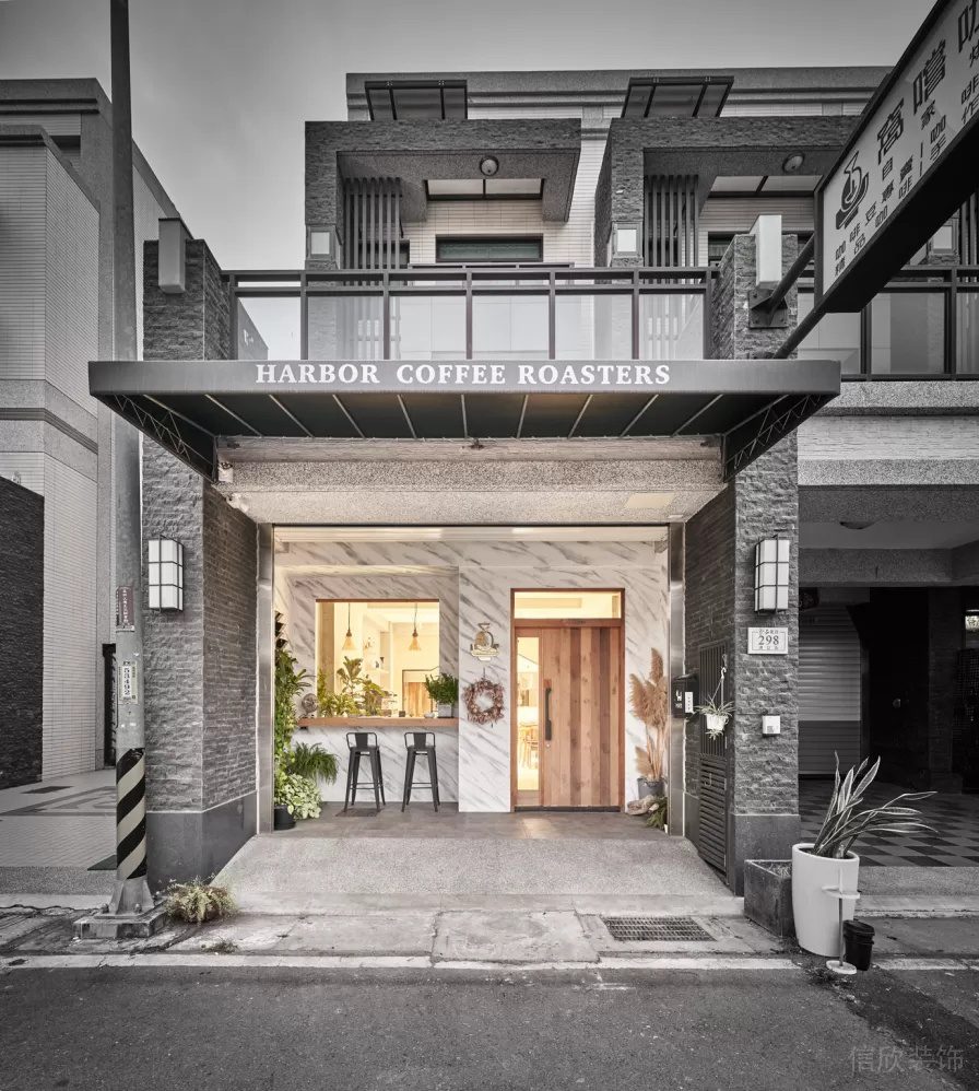 現(xiàn)代簡約風咖啡廳凹凸磚墻搭光滑大理石瓷磚門店設(shè)計效果圖