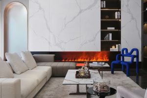 藝術(shù)高定產(chǎn)品展示中心裝修設(shè)計(jì) 白色布藝沙發(fā)大理石背景墻