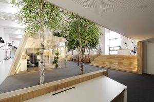 自然原木風(fēng)辦公室裝修設(shè)計淺木色多功能辦公大廳效果圖