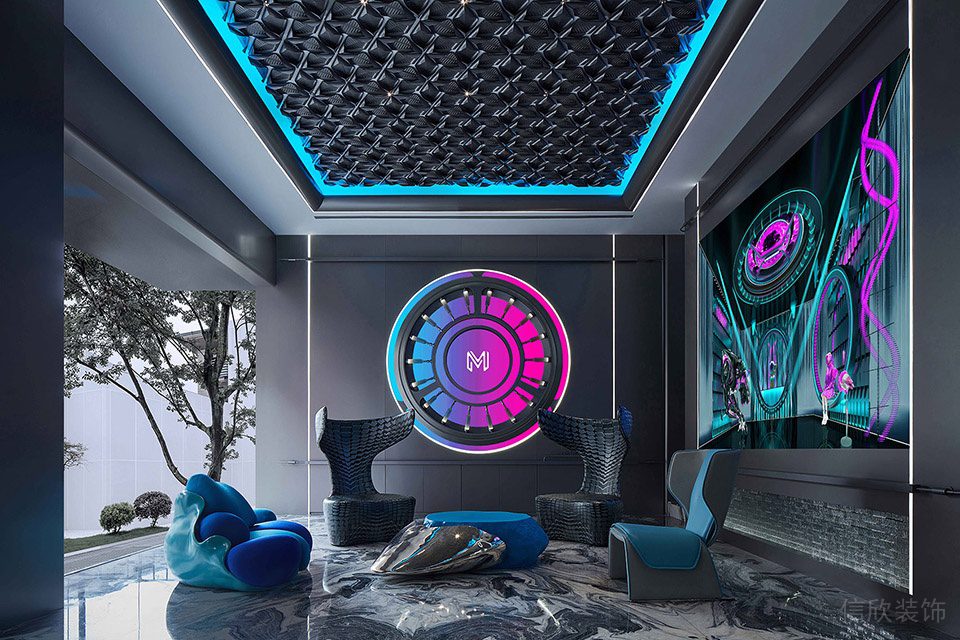 賽博朋克風(fēng)格辦公室裝修設(shè)計(jì)灰藍(lán)色會(huì)客區(qū)效果圖