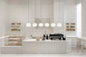 福田區(qū)沙尾金色面包店白色豎條紋圓角操作服務臺裝修設計