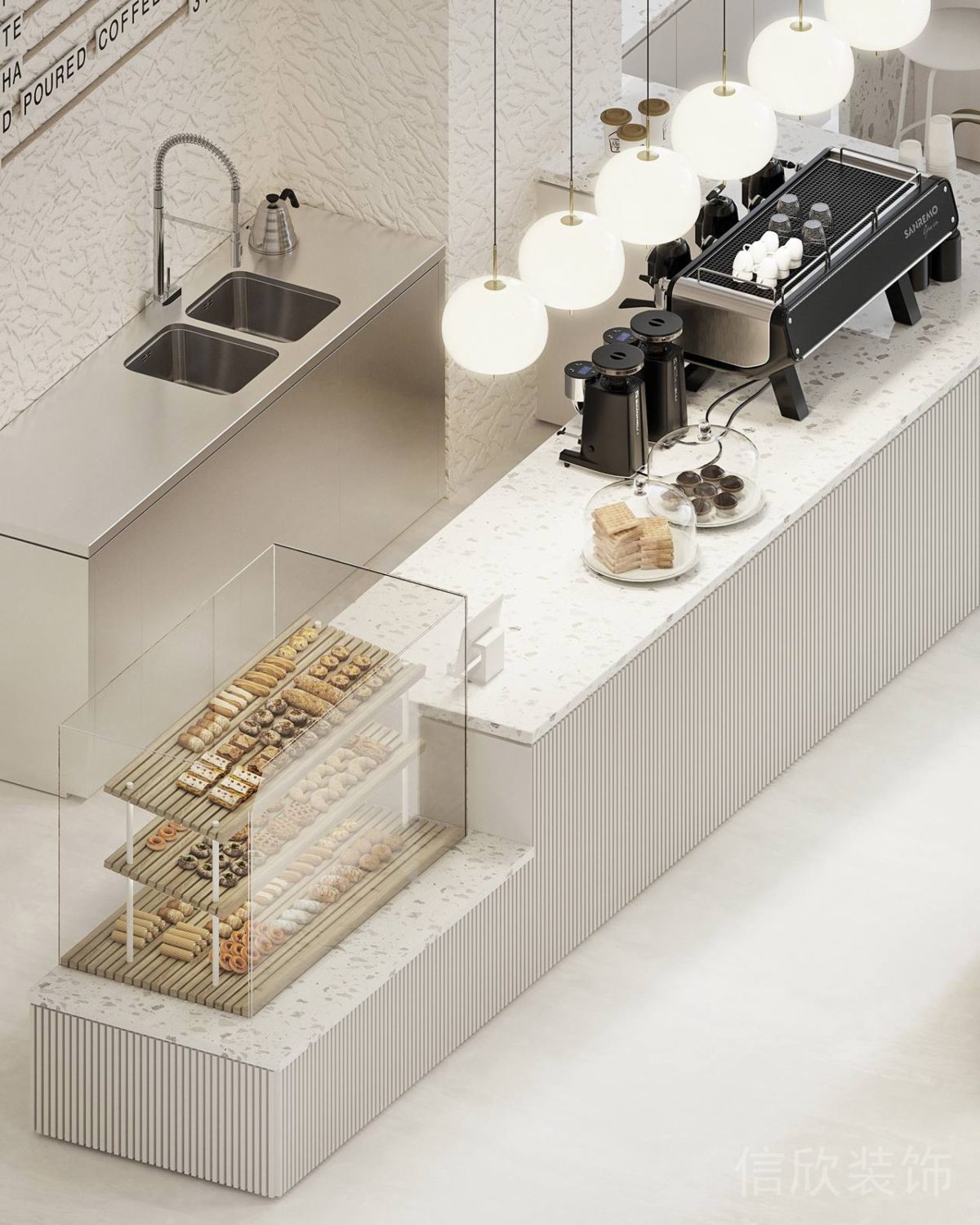 福田區(qū)沙尾金色面包店長(zhǎng)條形白色操作服務(wù)臺(tái)裝修設(shè)計(jì)