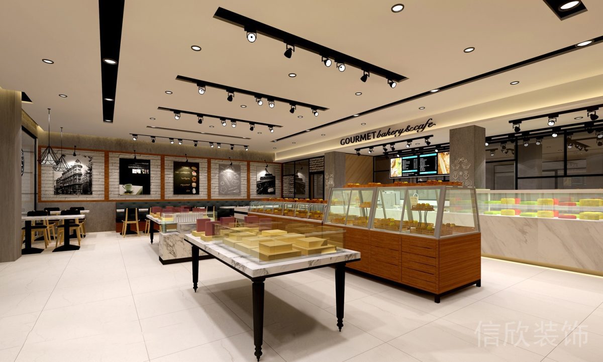 羅湖區(qū)黃貝嶺面包店黑色燈槽白色天花吊頂裝修設計