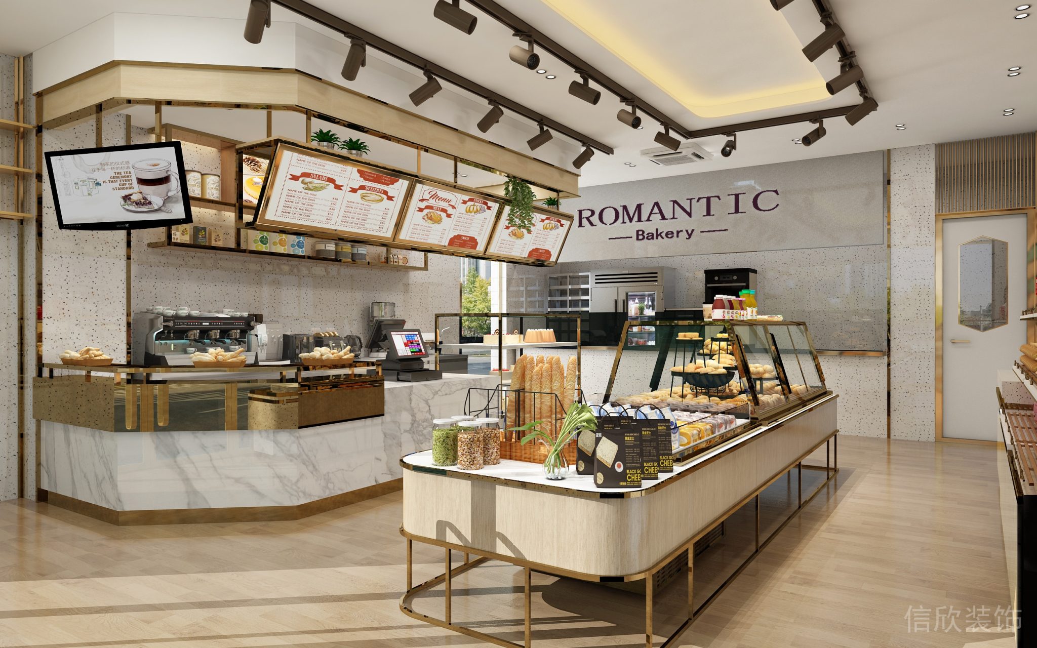 深圳福田下沙面包店鋼木機構(gòu)金色展柜裝修設(shè)計