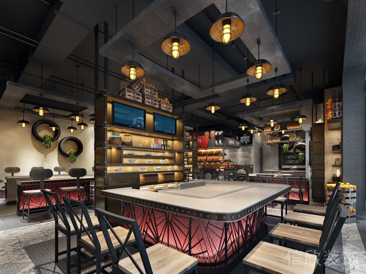 深圳羅湖東門鐵板燒快餐店餐桌與吊燈裝修設(shè)計
