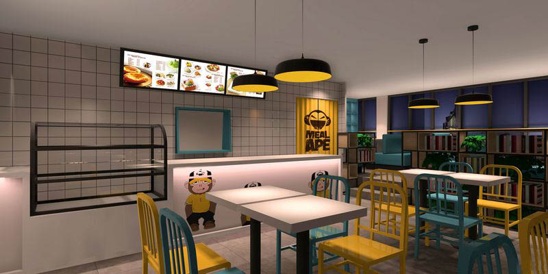 深圳龍華民治快餐店二人座黃藍(lán)色餐椅裝修設(shè)計