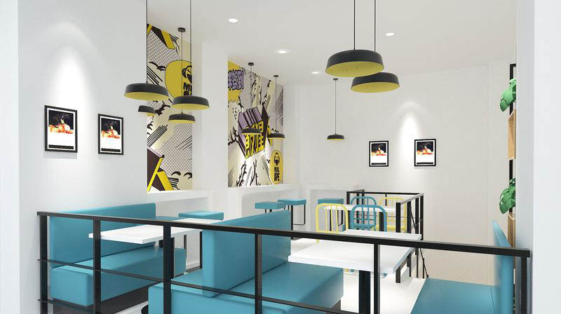 深圳龍華民治快餐店四人桌藍(lán)色軟包卡座裝修設(shè)計