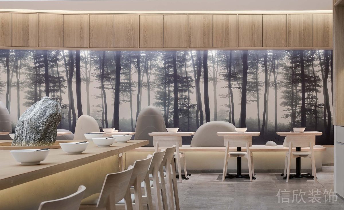 深圳羅湖萬(wàn)象城開開面館墻面風(fēng)景畫餐桌卡座裝修設(shè)計(jì)