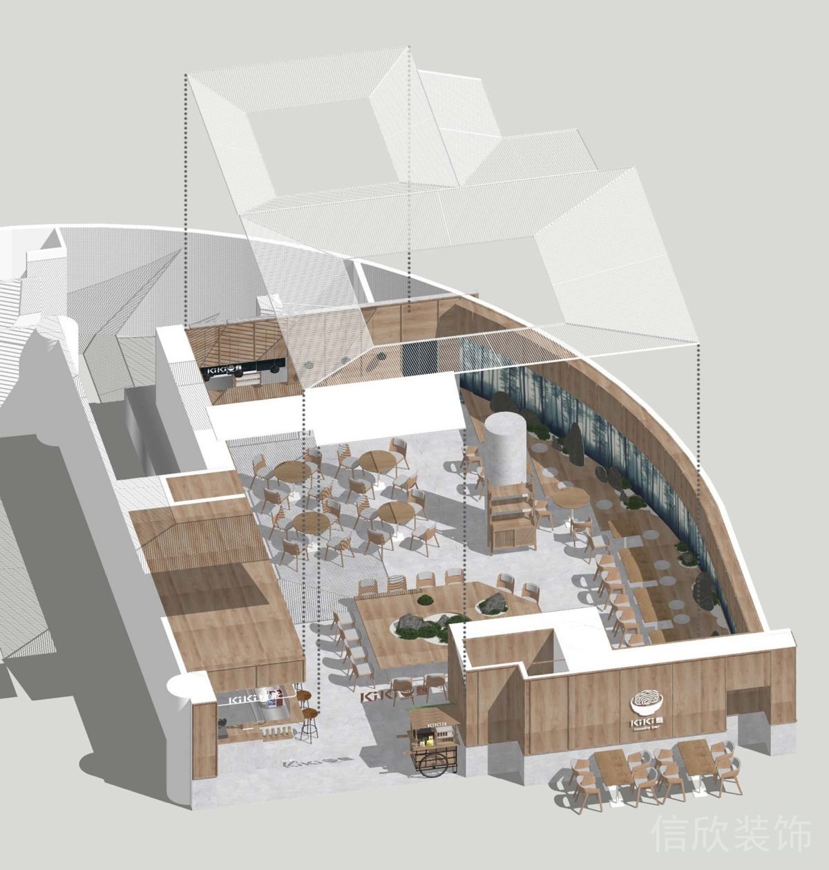 深圳羅湖萬(wàn)象城開開面館透視圖全景裝修設(shè)計(jì)