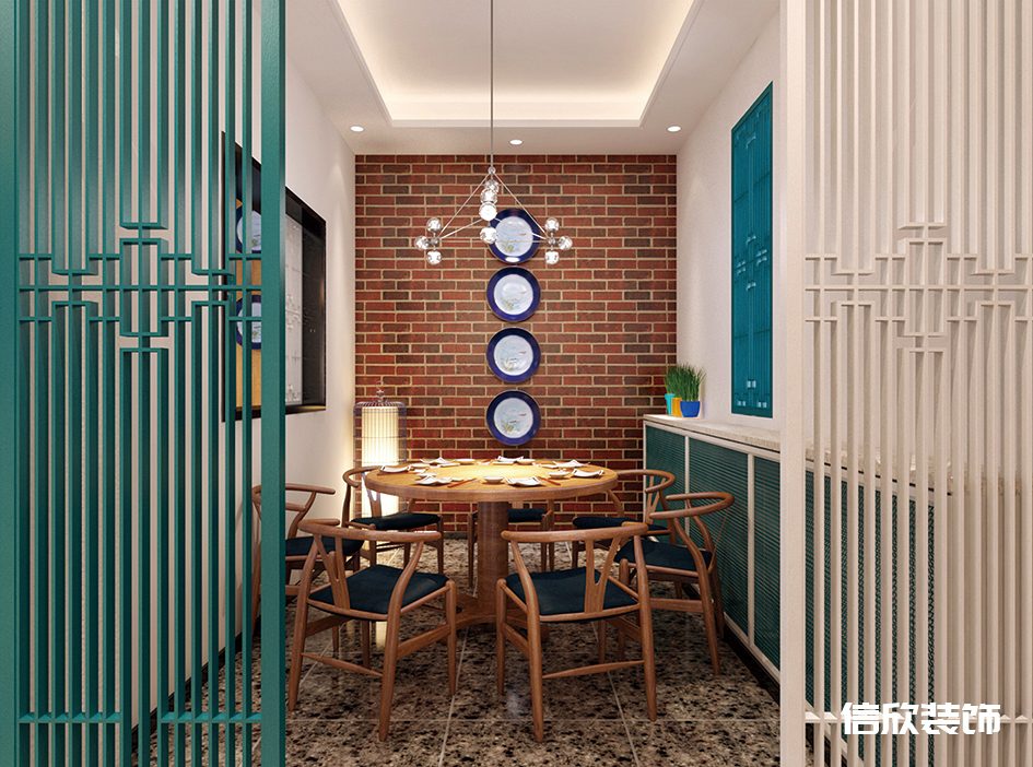 深圳南山區(qū)大學城快餐廳藍色和白色屏風隔斷裝修設計