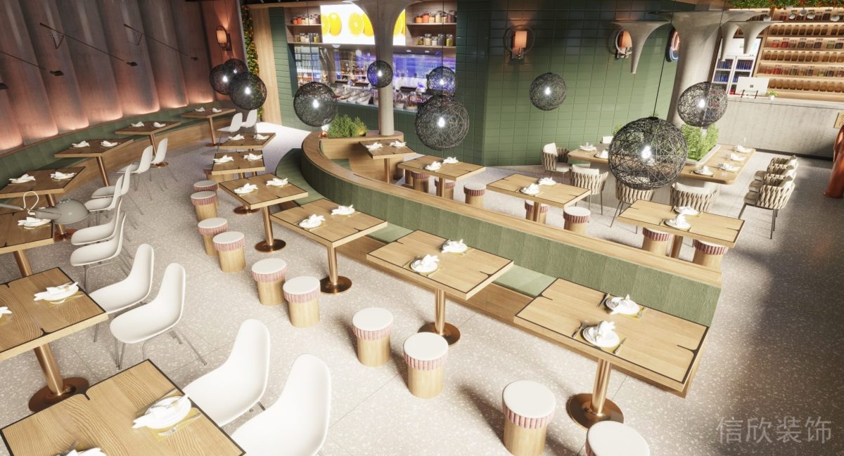 深圳鹽田區(qū)沙頭角快餐店長條弧形沙發(fā)卡座裝修設計