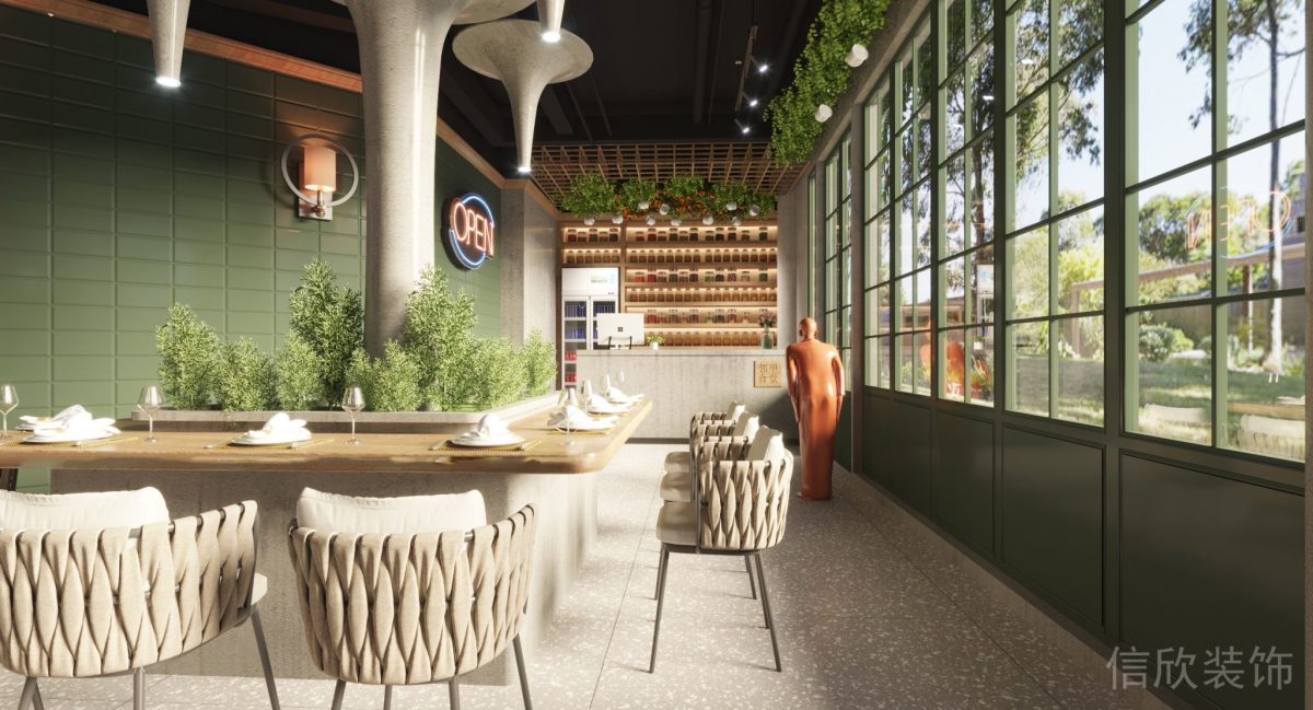 深圳鹽田區(qū)沙頭角快餐店餐桌圍繞柱子裝修設計