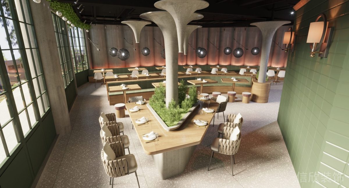 深圳鹽田區(qū)沙頭角快餐店梯形中島餐桌裝修設計