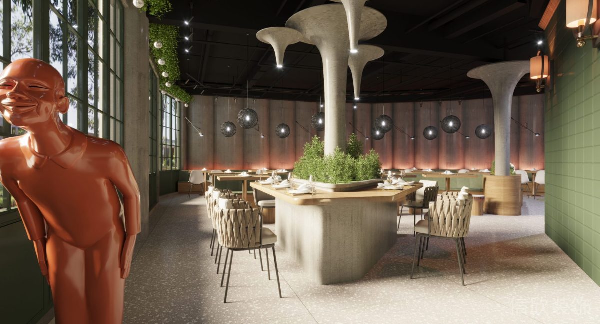 深圳鹽田區(qū)沙頭角快餐店中島餐桌圓形柱子裝修設計