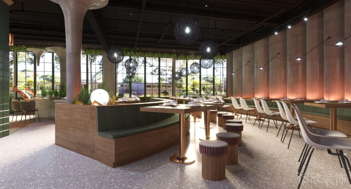 深圳鹽田區(qū)沙頭角快餐店中島弧形餐桌裝修設計