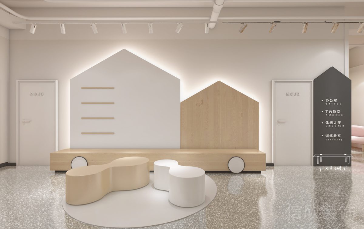 深圳順泰中晟大廈嘛啾自信養(yǎng)成藝術(shù)大廳教室設(shè)計墻面尖頂展板背面燈光效果