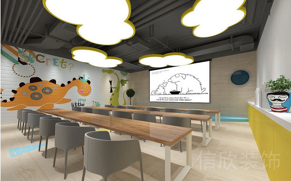 新龍大廈伯爾德國(guó)際英語(yǔ)教學(xué)沙龍中心培訓(xùn)機(jī)構(gòu)恐龍墻創(chuàng)意藝術(shù)多功能教室