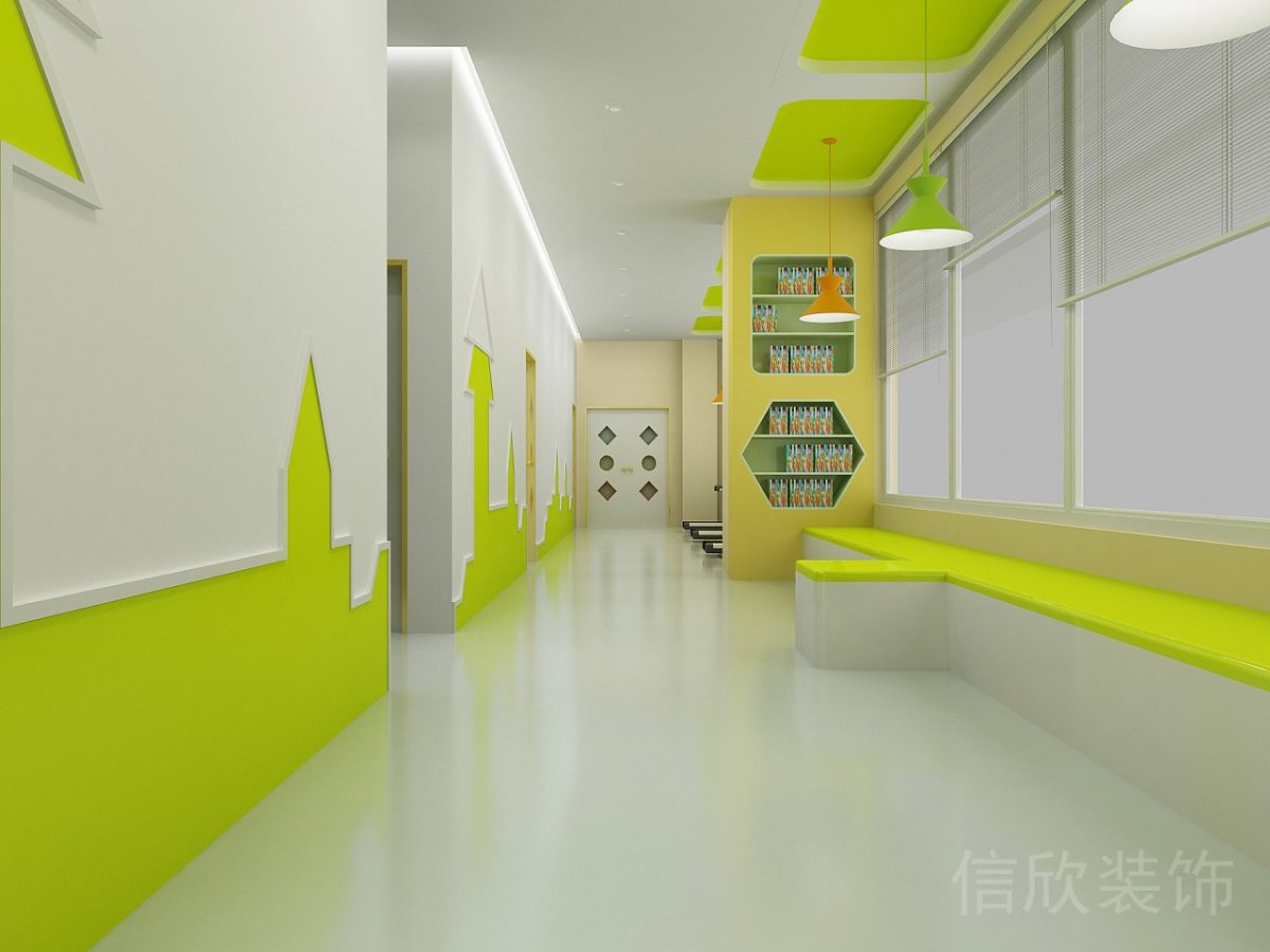 深圳市龍華區(qū)美馨藝藝休憩兒童閱讀區(qū)吊頂撞色護(hù)眼燈盞過道