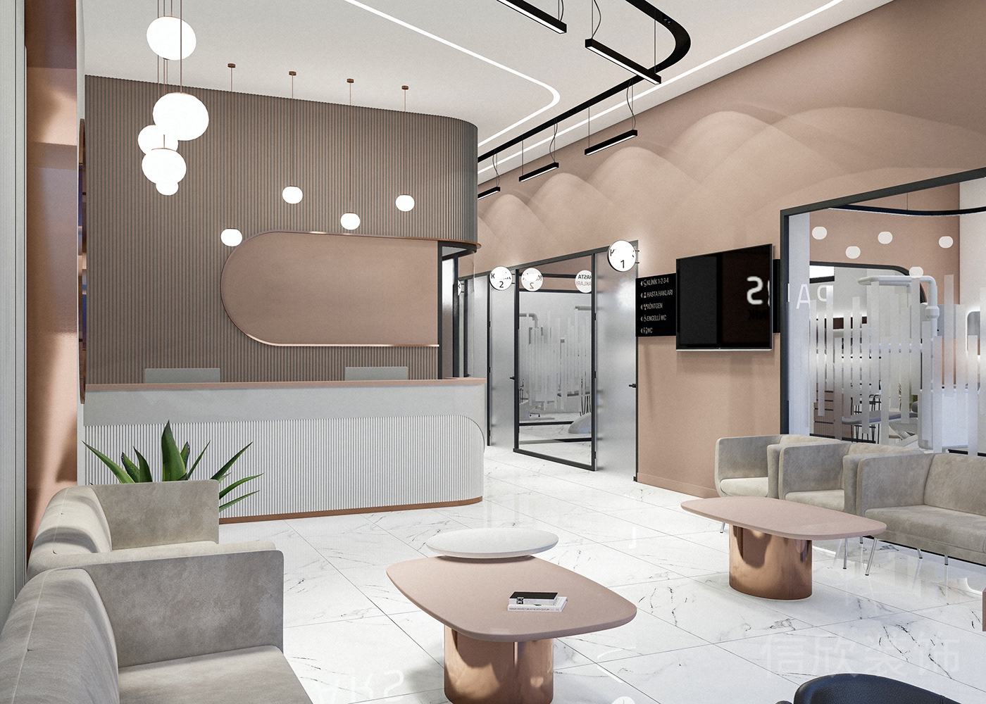 大堂洽談接待處金屬科技感規(guī)則造型效果圖