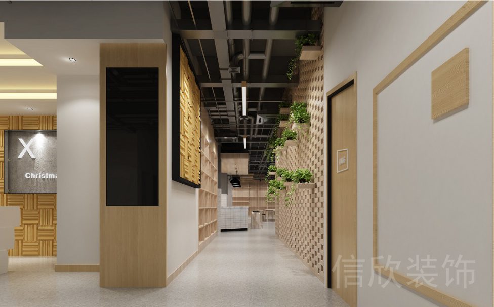 深圳市龍華區(qū)1970科技小鎮(zhèn)環(huán)保木材工作室過道光面地板diy洞洞板可移動綠植過道