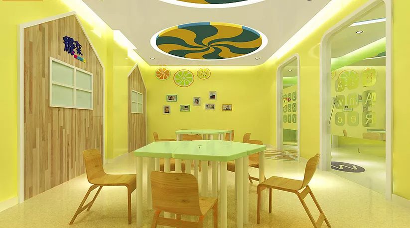龍華區(qū)優(yōu)品文化創(chuàng)意園糖果培訓機構玻璃落地窗木質幼童教室裝修設計
