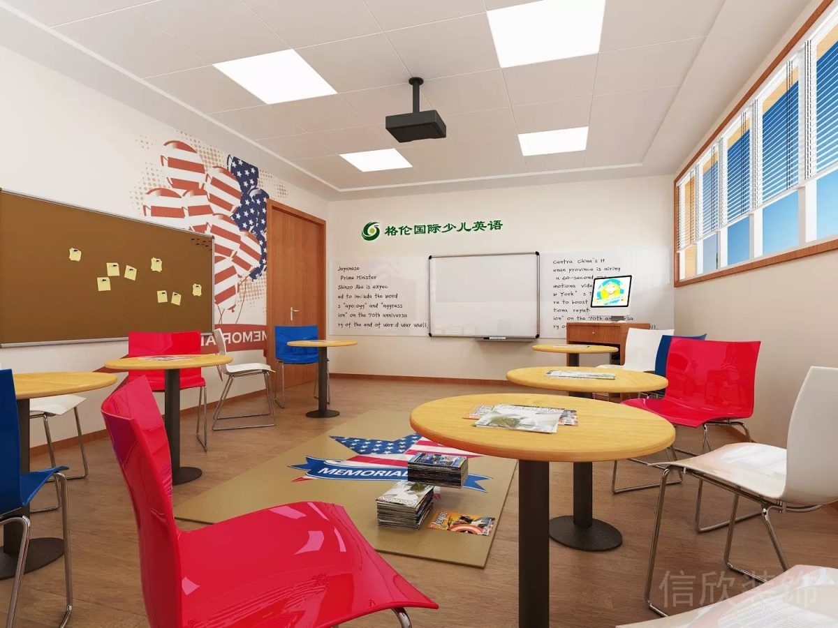 格倫教育少兒英語美式文化設(shè)計木質(zhì)圓桌討論教室