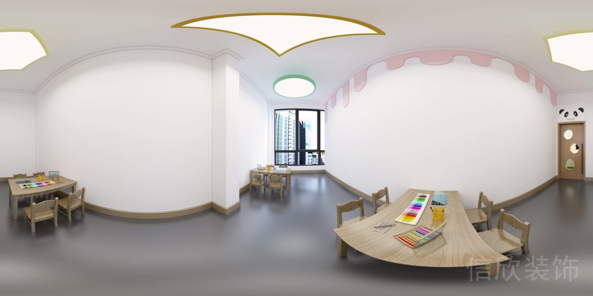 深圳市海港大廈全景圖環(huán)形柱體墻頂奶酪流動(dòng)元素幼兒落地窗木質(zhì)座椅環(huán)保教室