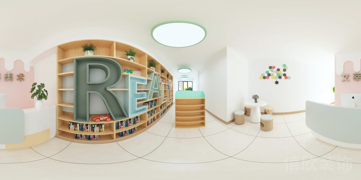 深圳海港大廈少兒培訓(xùn)中心全景圖環(huán)形柱體墻通體字母展示美術(shù)興趣班過(guò)道