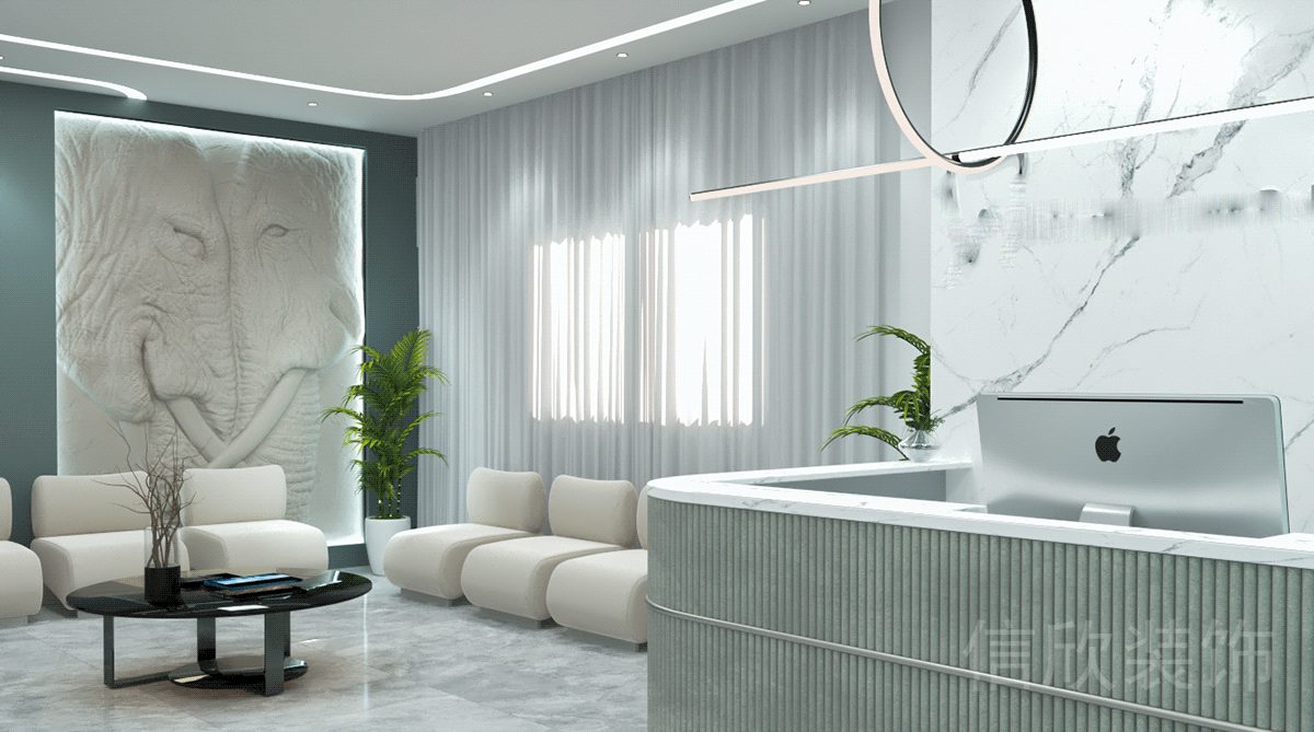 大象石膏肌理壁畫大理石綠柱豎條紋大堂前臺效果圖