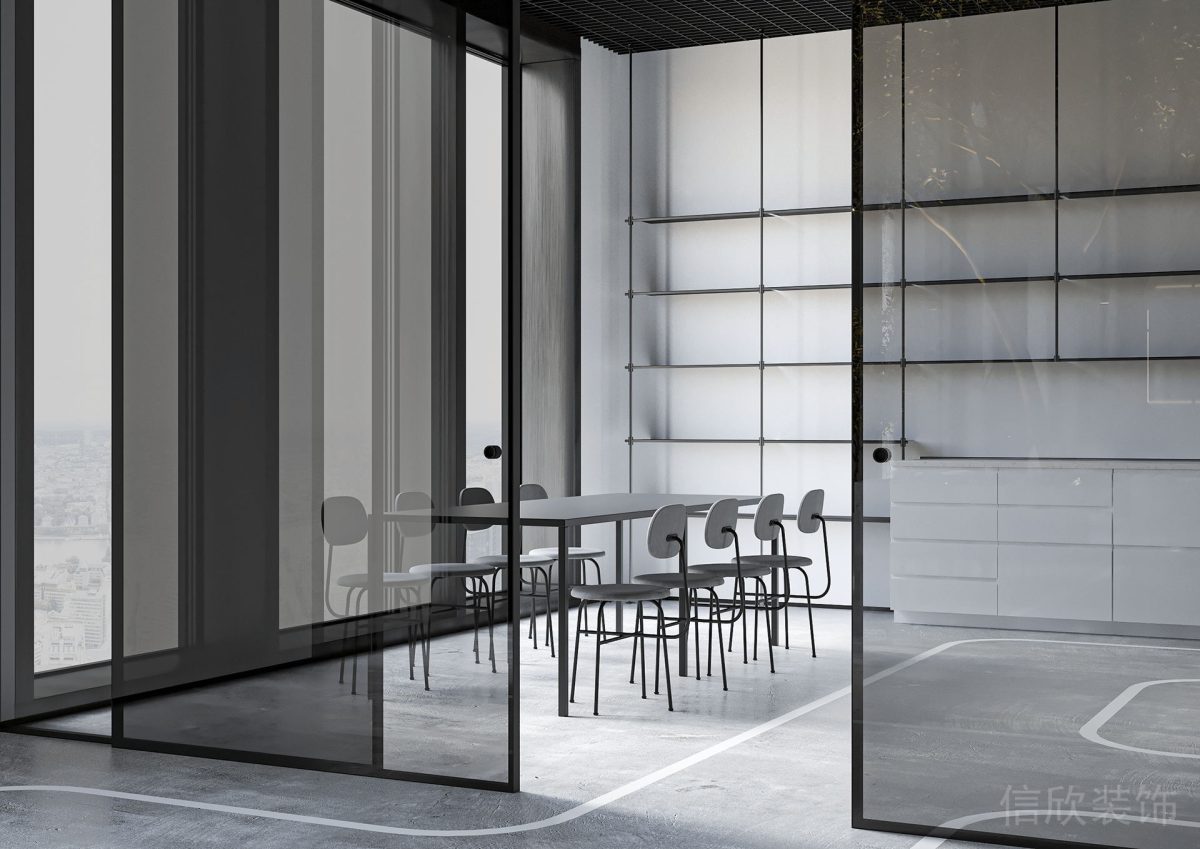 高級(jí)灰色系簡(jiǎn)約風(fēng)辦公空間會(huì)議室玻璃移門設(shè)計(jì)
