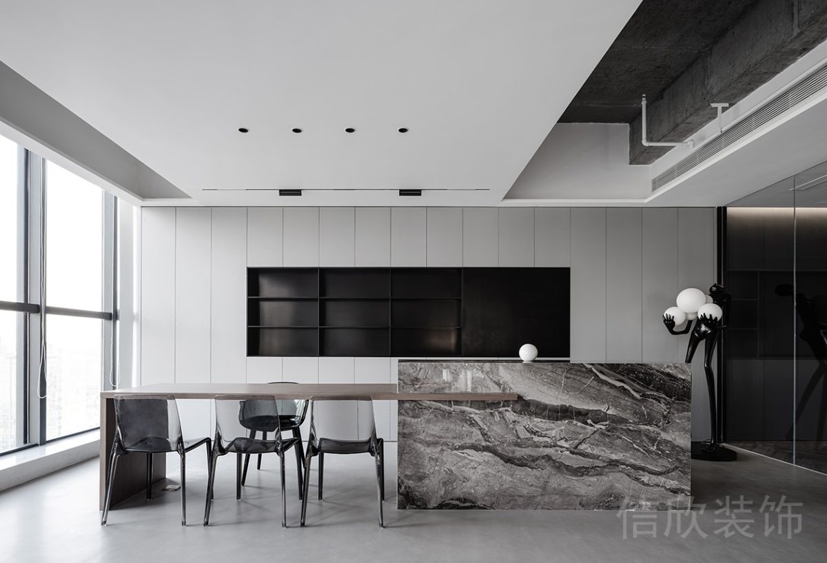 黑白灰現(xiàn)代風格辦公空間石材吧臺裝修設計