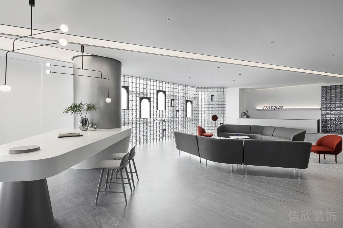 灰白素雅現(xiàn)代風格辦公空間白色吧臺區(qū)裝修設計