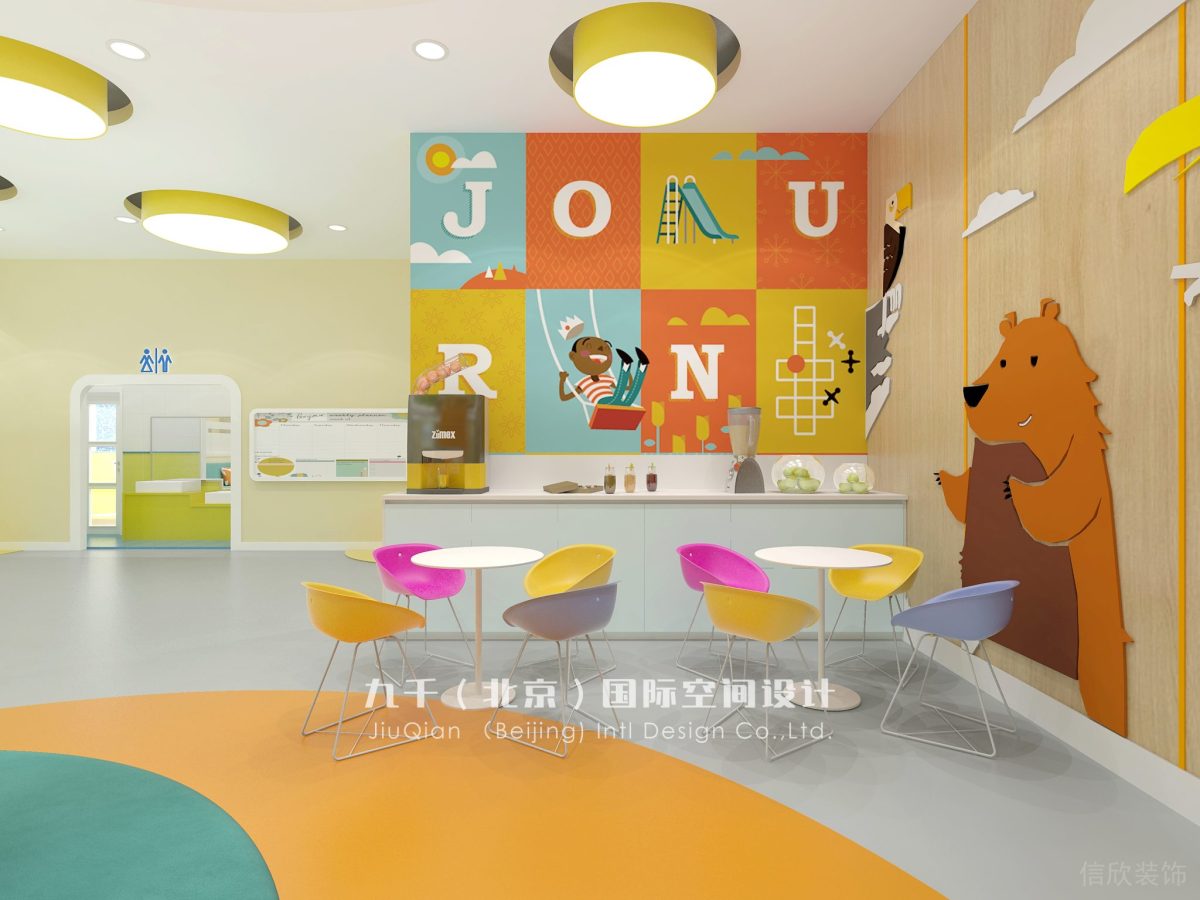 紅黃藍(lán)親子園英語(yǔ)可愛(ài)圖案墻紙茶水間