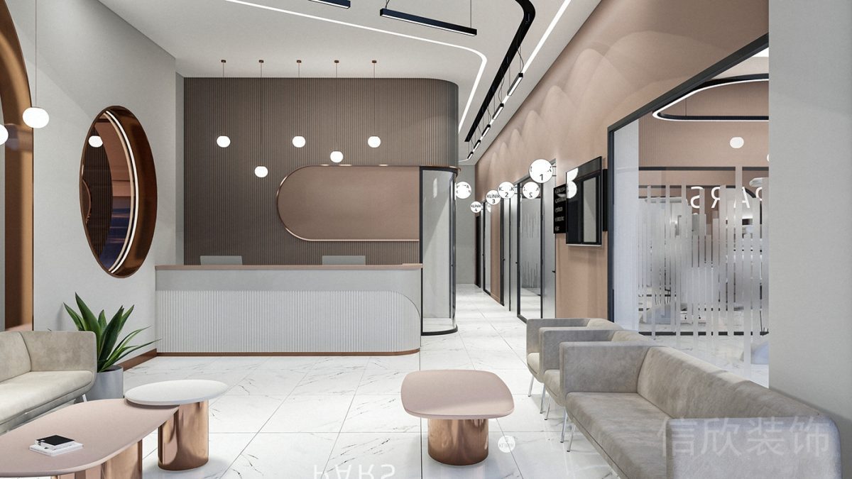 弧形設計豎條紋前臺接待處粉色金屬家具設計