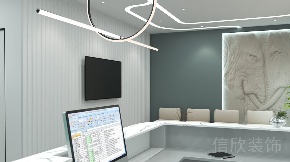 幾何造型設計吊頂內(nèi)嵌燈帶石板肌理前臺