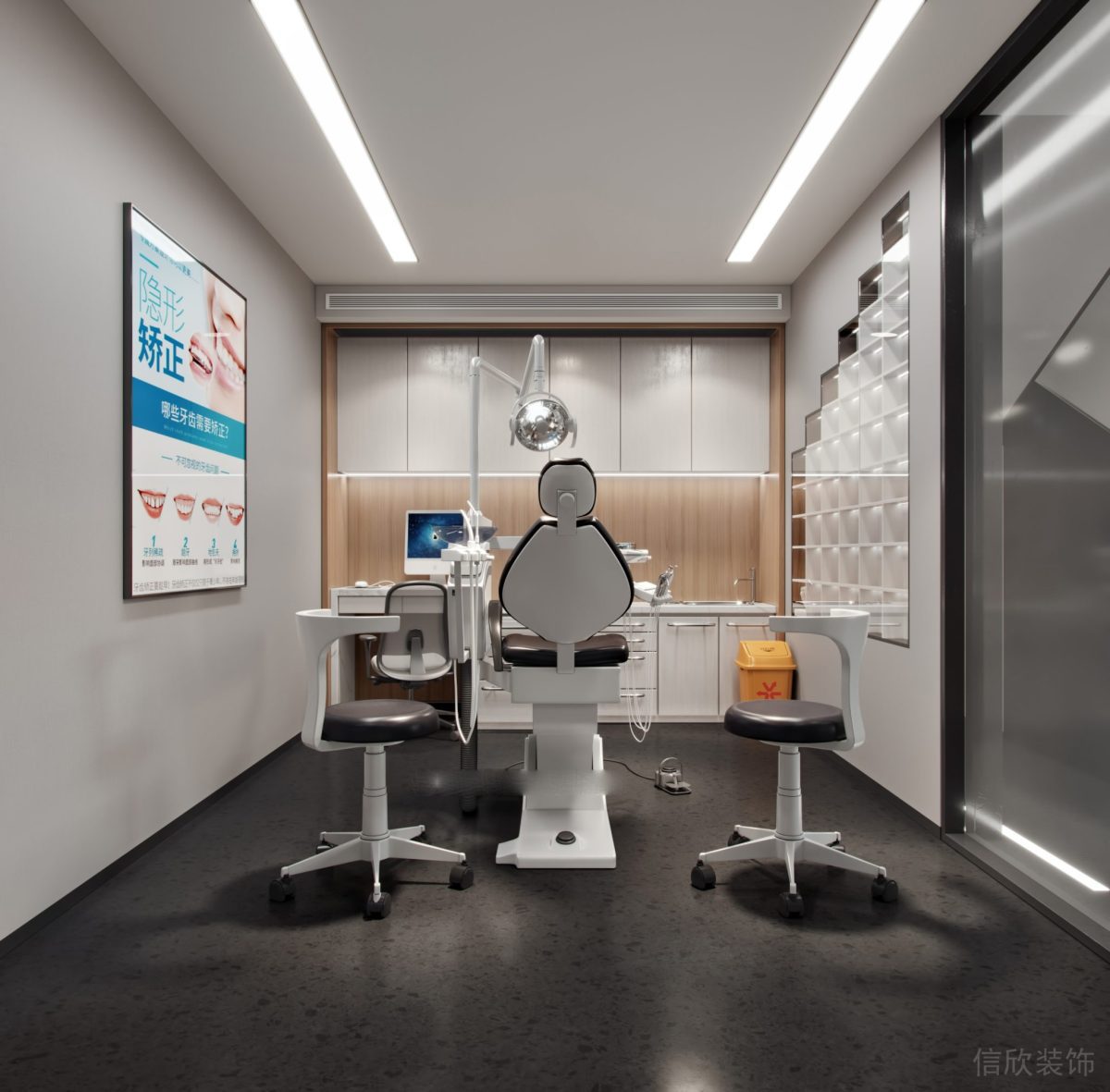 階梯式玻璃方磚墻體設(shè)計醫(yī)療牙科器械裝修設(shè)計