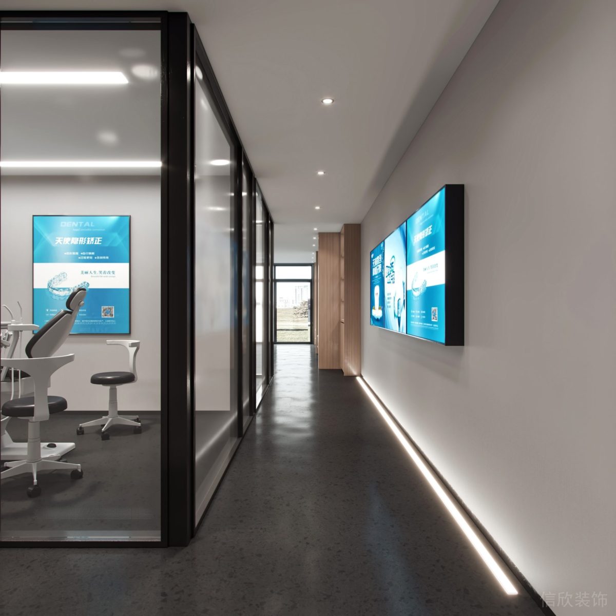 深圳南山蘭光科技大廈海洋牙科口腔診過(guò)道白色設(shè)計(jì)效果