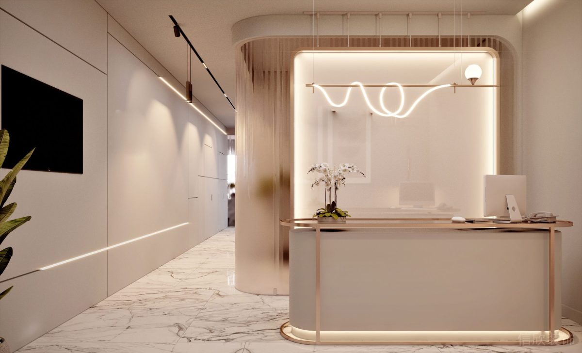 深圳南山蘭光科技大廈雨田牙科口腔門診大廳前臺(tái)奶油風(fēng)裝修設(shè)計(jì)效果