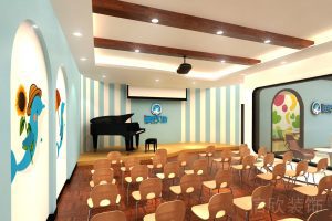 深圳市羅湖區(qū)東門海豚街國際少兒鋼琴培訓(xùn)中心鋼琴演奏小舞臺藍(lán)白條紋墻面效果圖