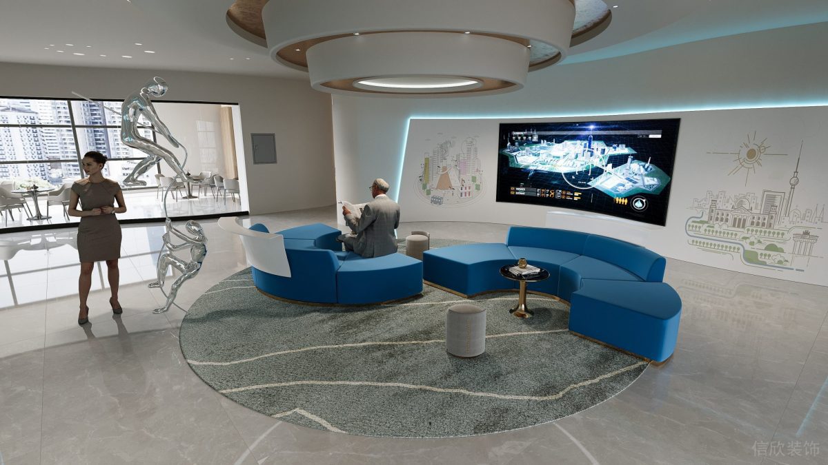 現(xiàn)代簡約風辦公接待區(qū)裝修設(shè)計 展示區(qū)多媒體墻面