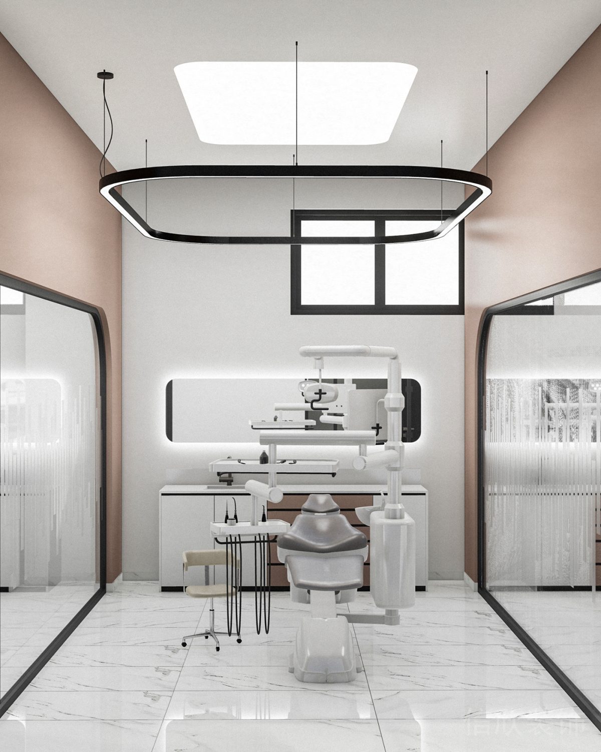 牙科診室大理石地板對(duì)稱落地玻璃半開放式空間