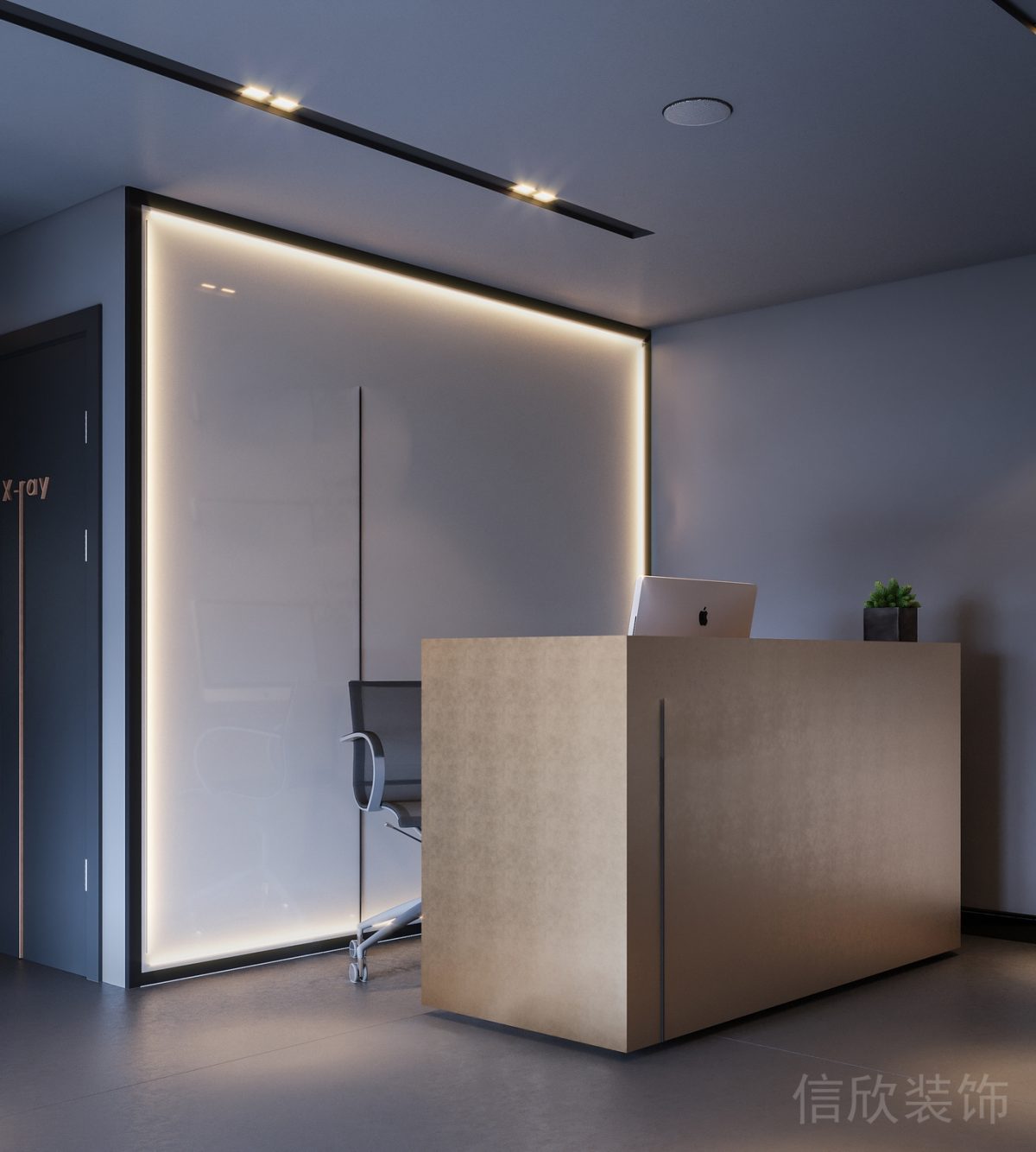 藝術(shù)暗紋金屬前臺桌商務風玻璃形象板效果圖