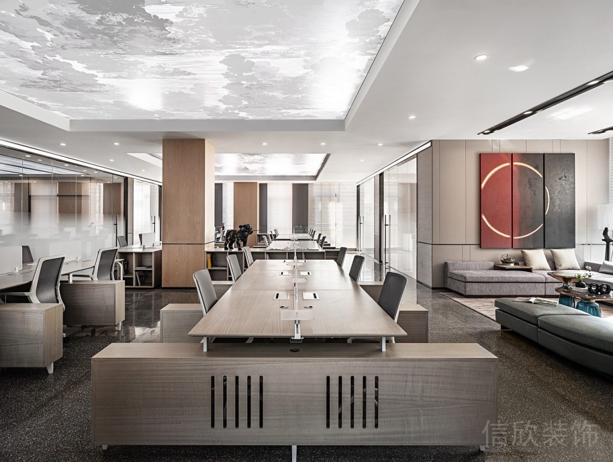 大理石天花肌理辦公室員工研發(fā)區(qū)域工位設計可調節(jié)木質桌