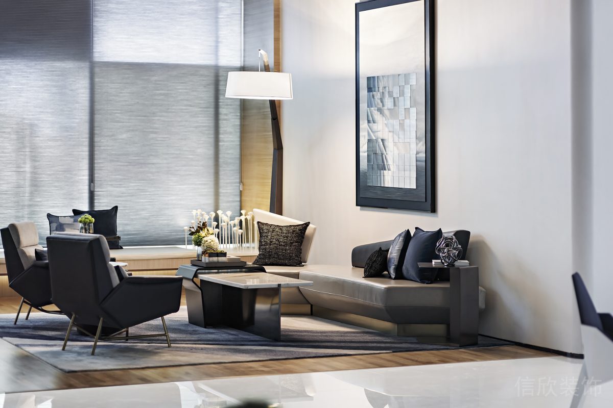 辦公室裝修設(shè)計商務(wù)風(fēng)黑白調(diào)沙發(fā)木質(zhì)地板