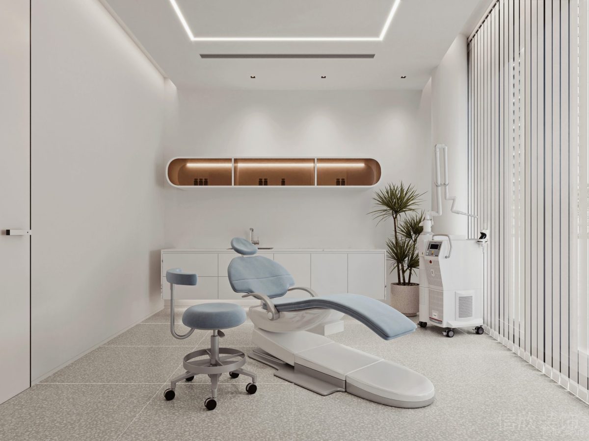 牙科口腔診所裝修設(shè)計效果圖就診臺內(nèi)嵌式環(huán)形收納柜設(shè)計