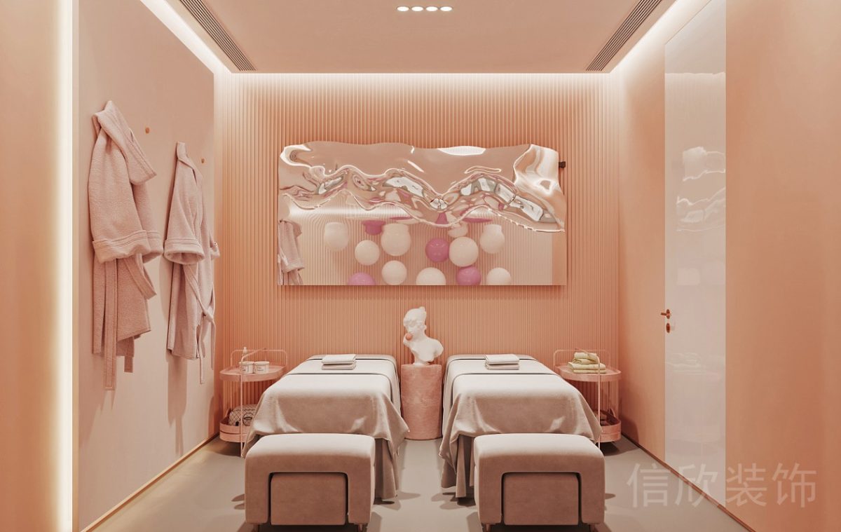 粉色瑜伽機(jī)構(gòu)按摩雙人床條紋墻體設(shè)計