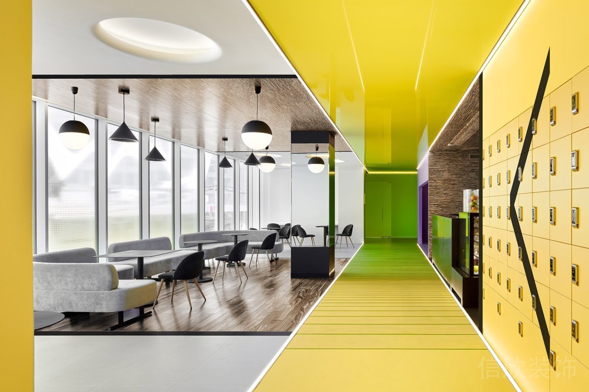 黃色直線式設(shè)計(jì)布藝沙發(fā)休息區(qū)收納墻柜裝修設(shè)計(jì)